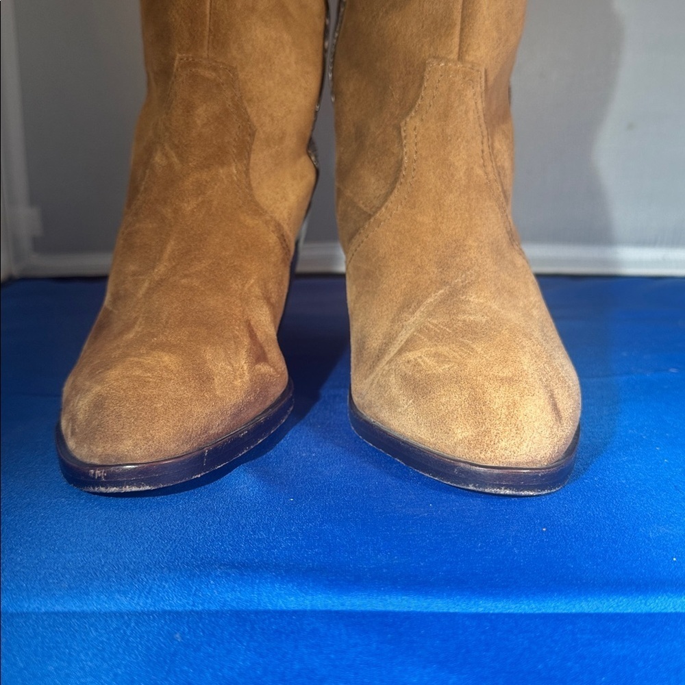 Donald Pliner riot suede western riding boot tan suede and snakeskin print strap - Picture 4 of 12